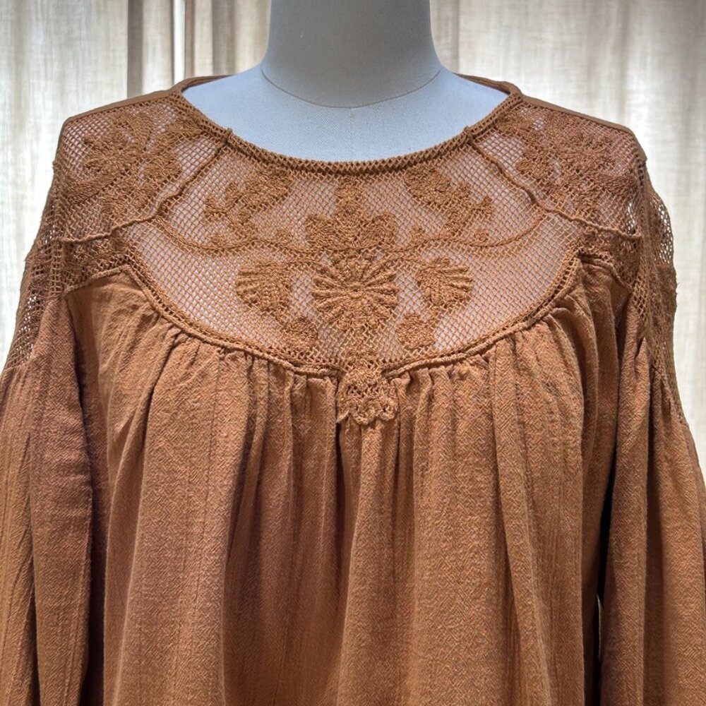 Brown Embroidered Lace Yoke Peasant Blouse Cotton Boho Folk Anthropology women L - Picture 2 of 16